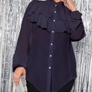 Long Sleeve Navy Blue Ruffle Blouse
